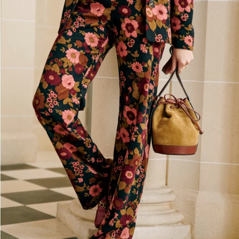 Sezane Black and Pink Floral Trousers with Flowing Design
